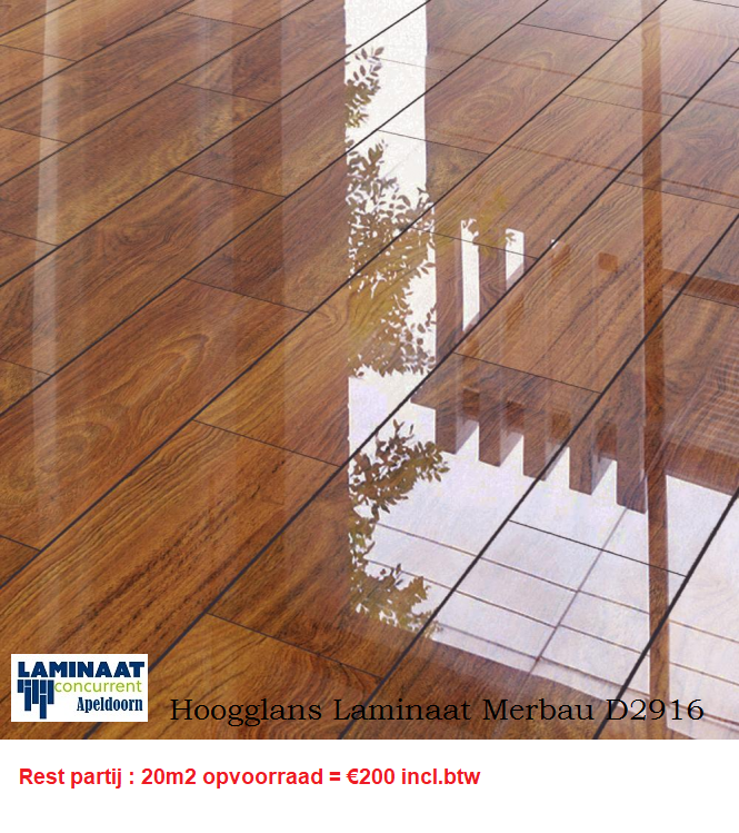 20m2 Hoogglans Laminaat Merbau D2916 = €200