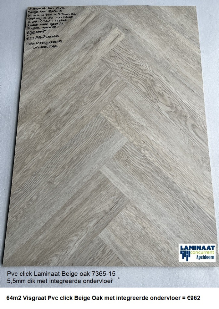 64m2 Visgraat Pvc click Beige met integreerde ondervloer 49pak = €962