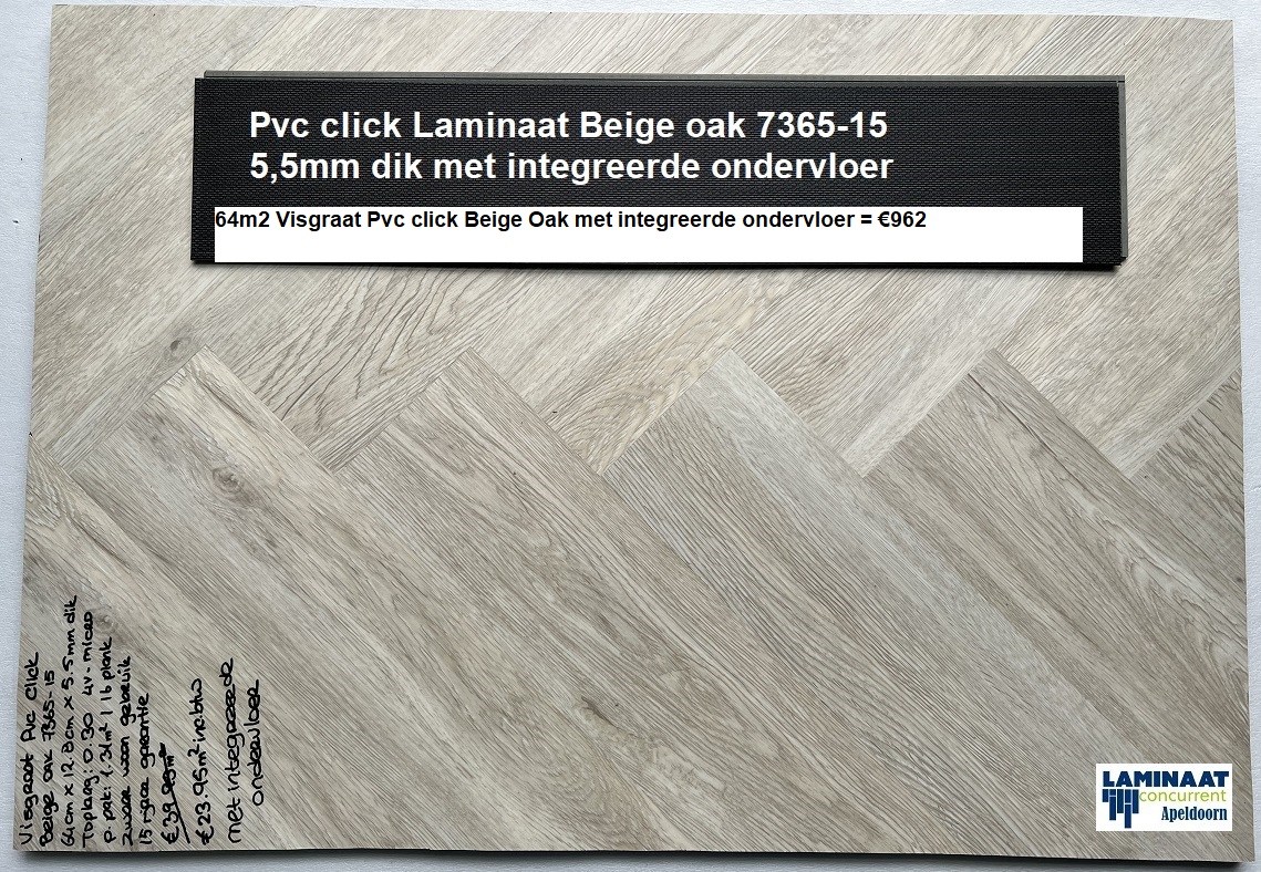 64m2 Visgraat Pvc click Beige met integreerde ondervloer 49pak = €962 - Afbeelding 6