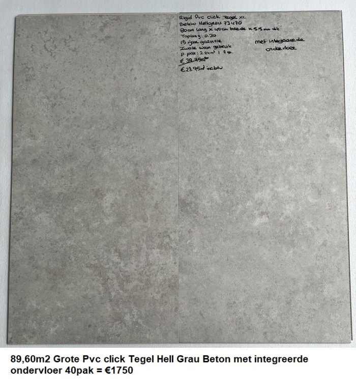 89,60m2 Grote Pvc click Tegel Hell Grau Beton met integreerde ondervloer 40pak = €1750