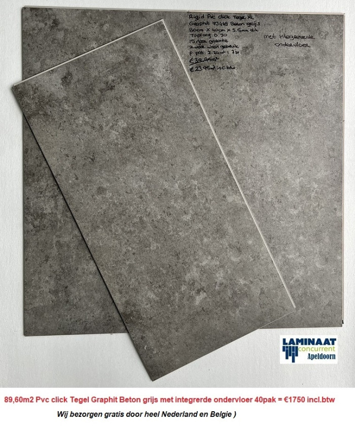 89,60m2 Pvc click Tegel Graphit Beton grijs met integrerde ondervloer 40pak = €1750