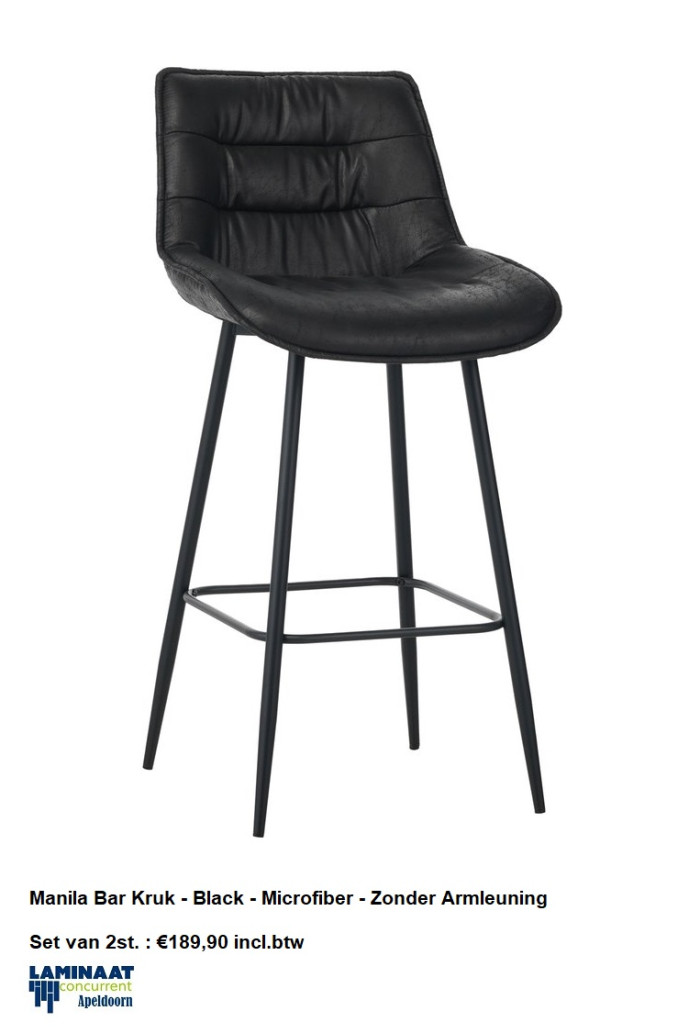 Manila Bar Kruk Black Microfiber - Zonder Armleuning €94,95p/st.