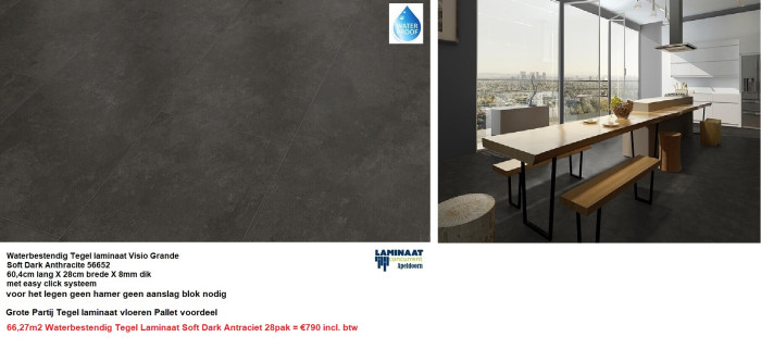 66,27m2 Waterbestendig Tegel Laminaat Dark Antraciet 28pak = €790,-