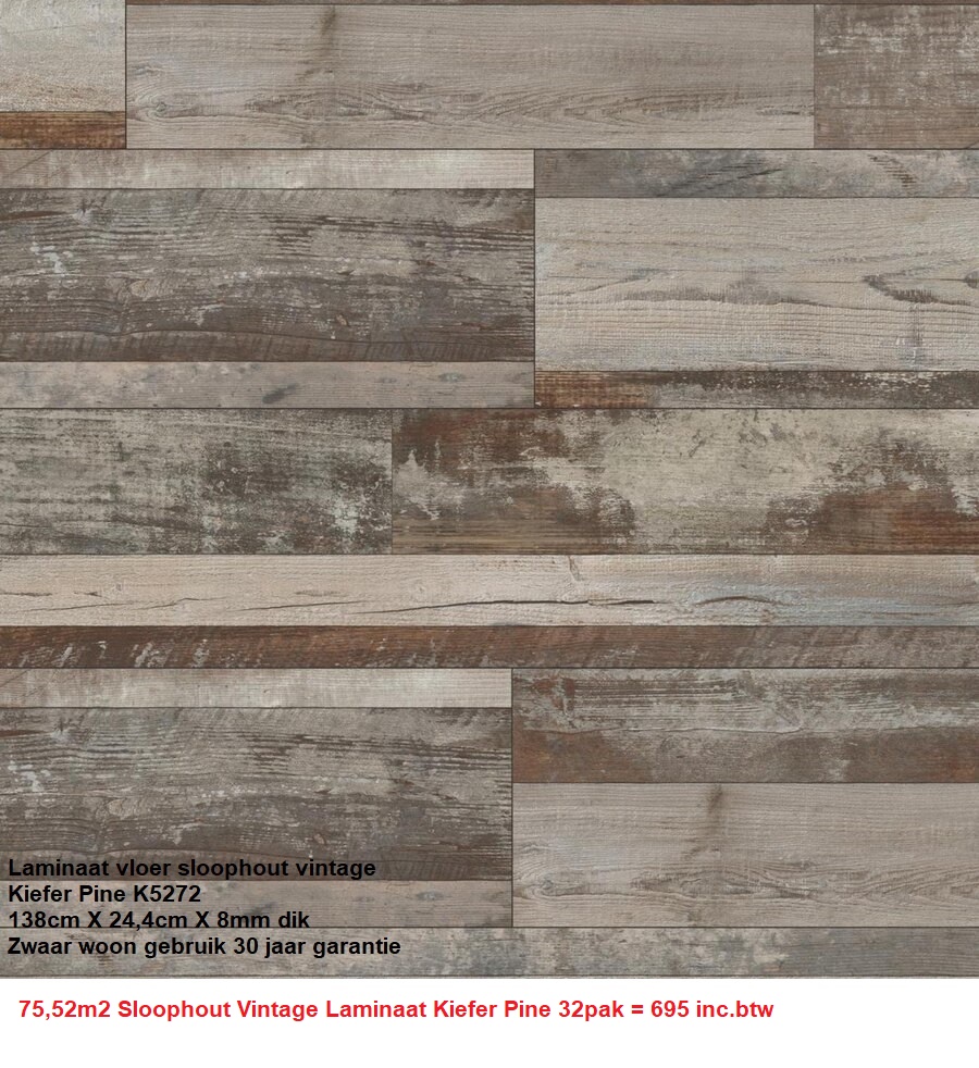 75,52m2 Sloophout Vintage Laminaat Kiefer Pine 32pak = €695