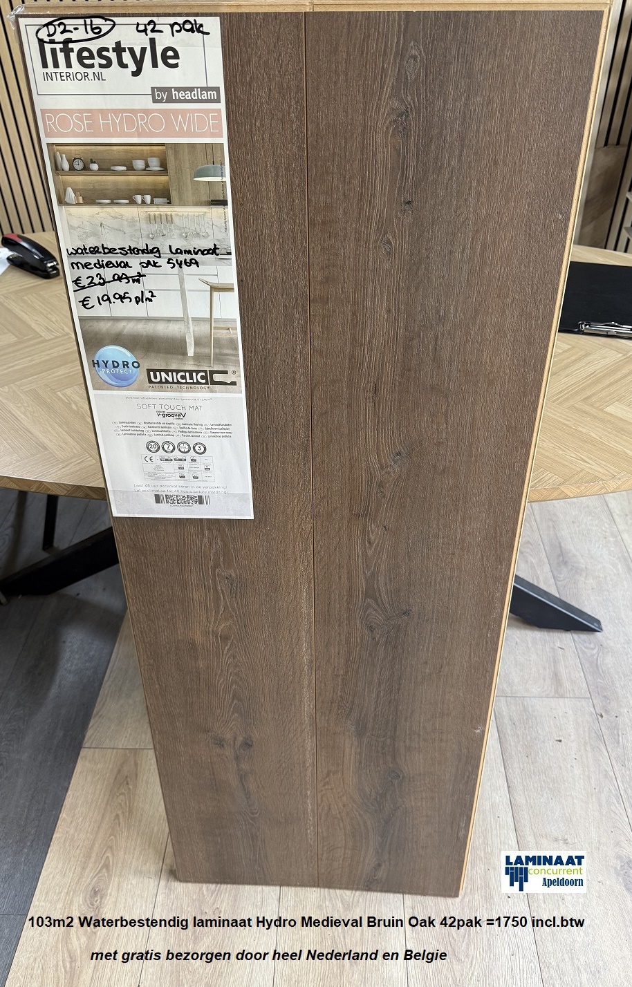 103m2 Waterbestendig laminaat Hydro Medieval Bruin Oak 42pak = €1750