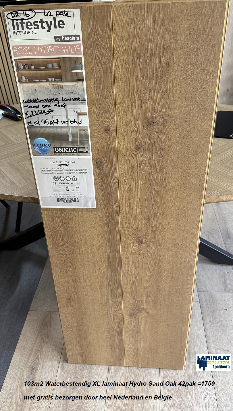 103m2 Waterbestendig XL laminaat Hydro Sand Oak 42pak =€1750