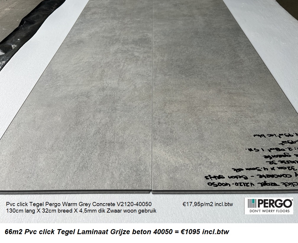 66m2 Pvc click Tegel Laminaat Grijze beton 40050 = €1095 incl.btw