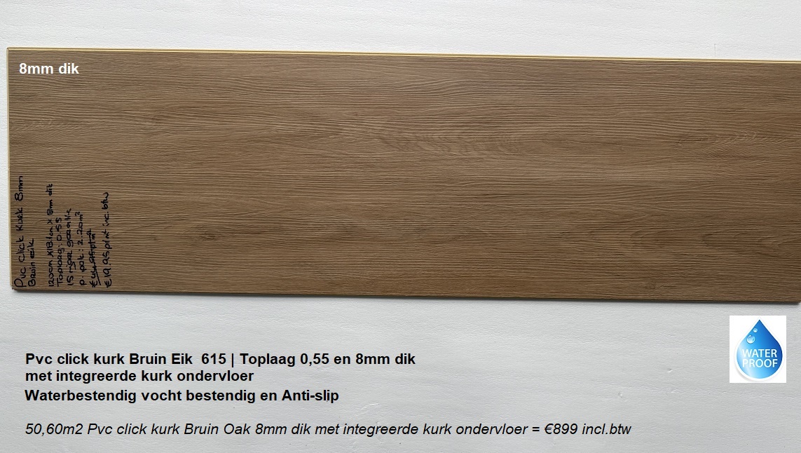 50,60m2 Pvc click kurk Bruin Oak 8mm dik met integreerde kurk ondervloer = €899