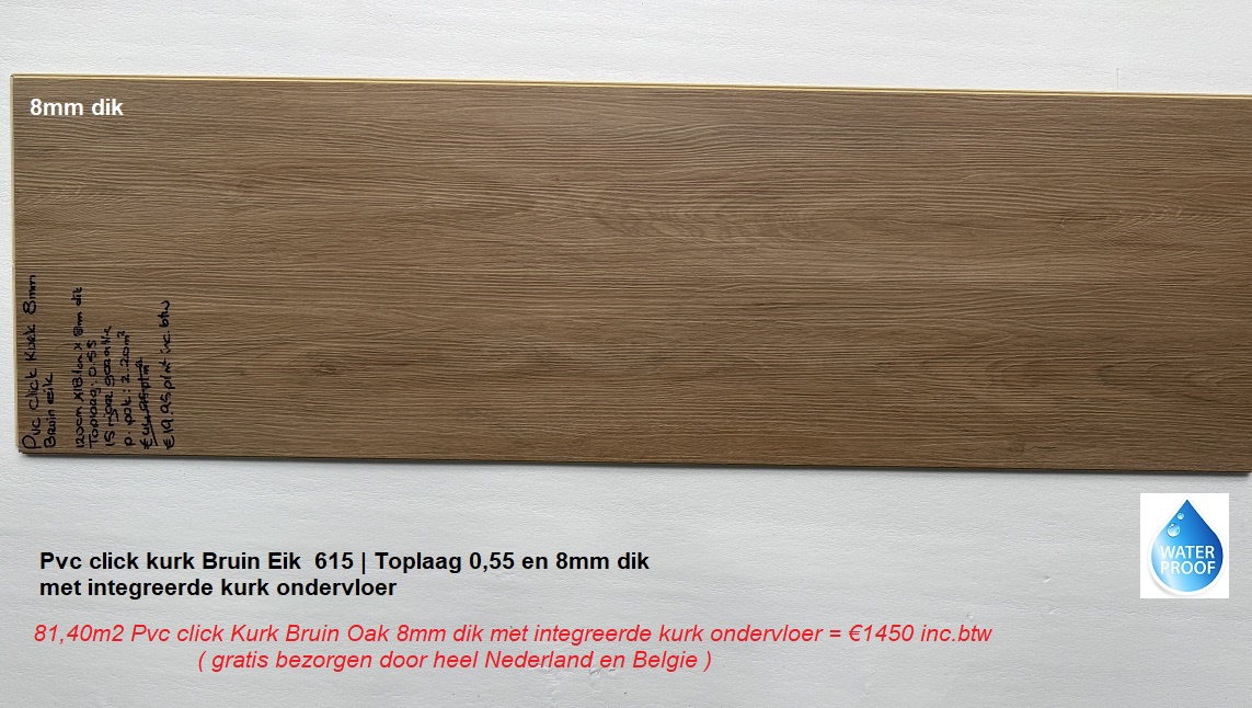 81,40m2 Pvc click Kurk Bruin Oak 8mm dik met integreerde kurk ondervloer = €1450