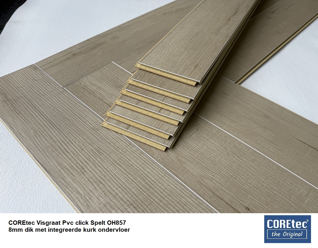 48,70m2 Visgraat Pvc click Spelt met integreerde kurk ondervloer 21pak = €1450 - Afbeelding 4