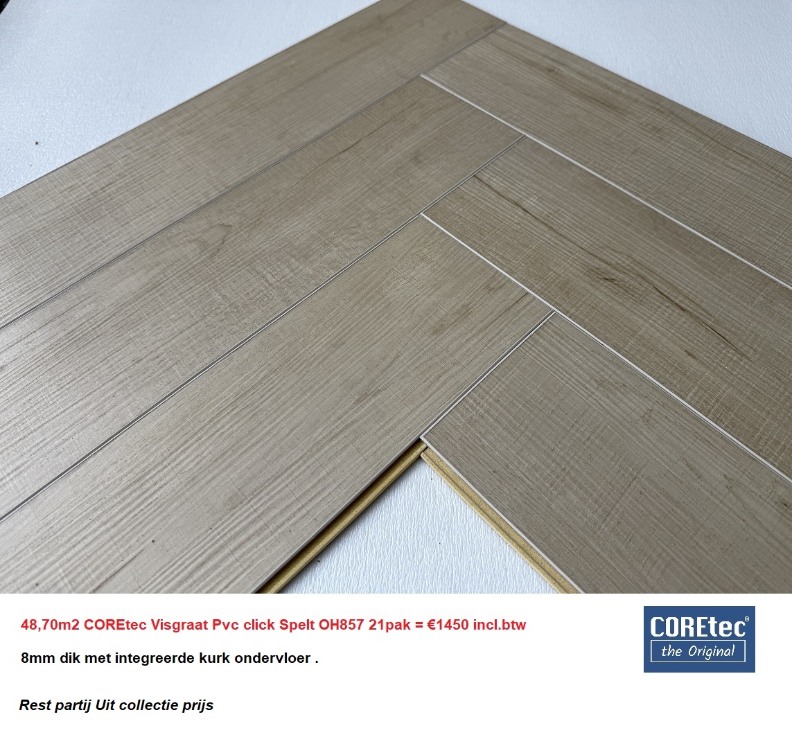 48,70m2 Visgraat Pvc click Spelt met integreerde kurk ondervloer 21pak = €1450