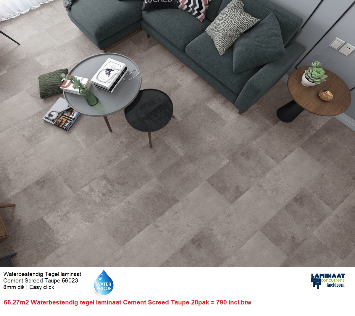66,27m2 Waterbestendig tegel laminaat Cement Screed Taupe 28pak = €790 - Afbeelding 2