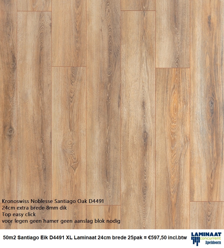50m2 Santiago Eik D4491 XL Laminaat 24cm brede 25pak = €597,50