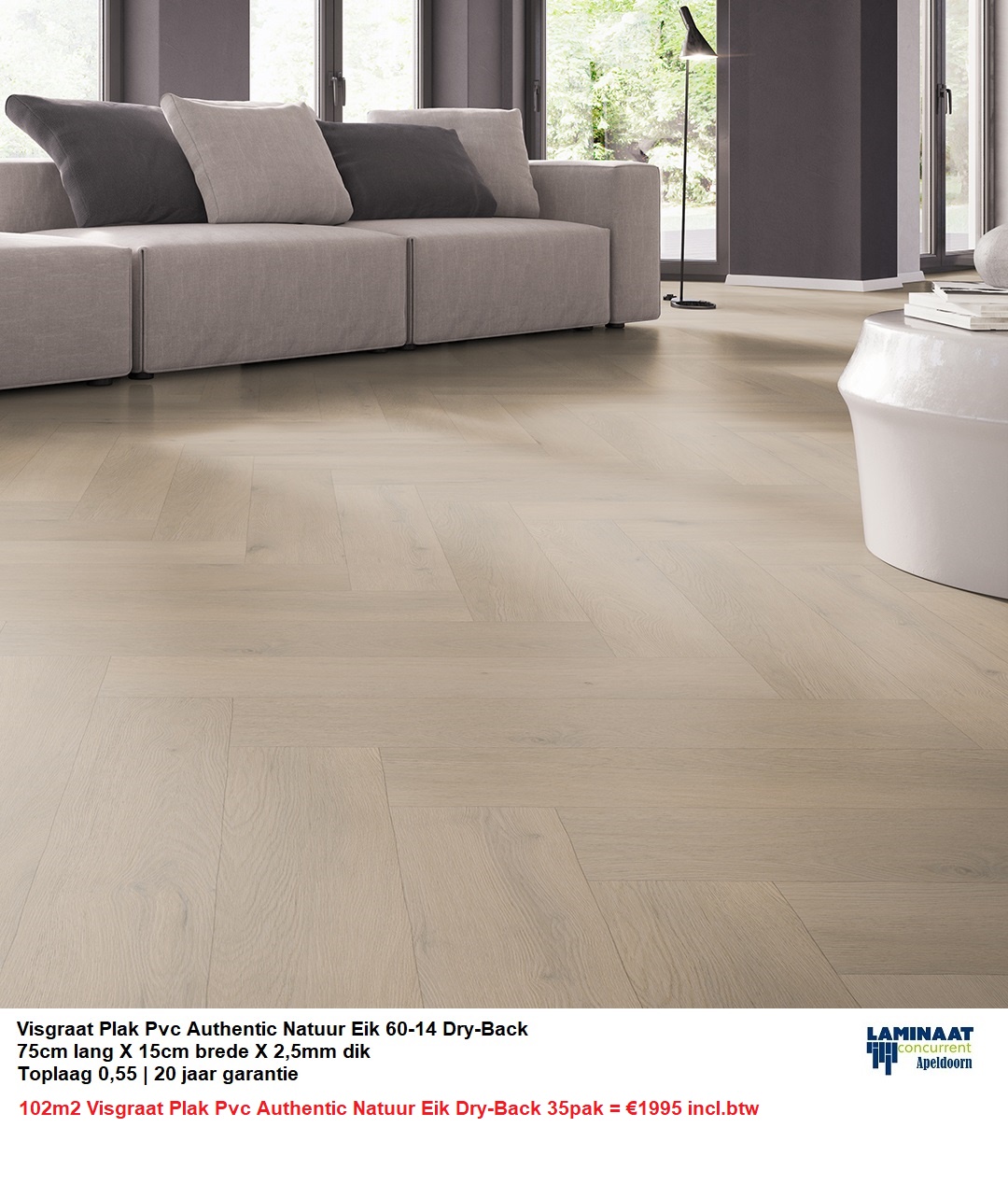 102m2 Visgraat Plak Pvc Authentic Natuur Eik Dry-Back 35pak = €1995